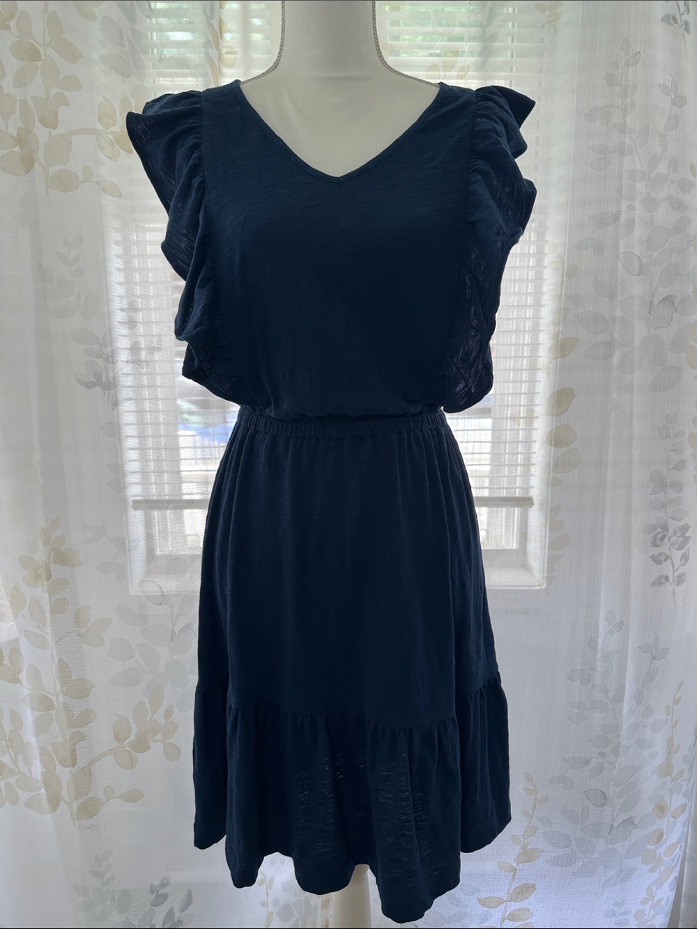 LOFT Navy V-Neck Ruffle Sleeve Midi Dress